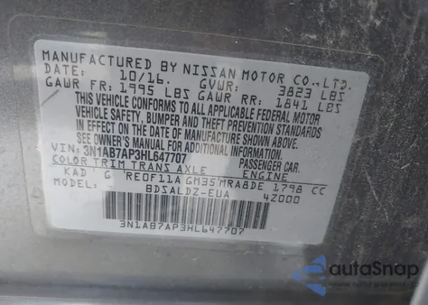 2017 Nissan Sentra Sv из США, поврежденный, VIN 3N1AB7AP3HL647707